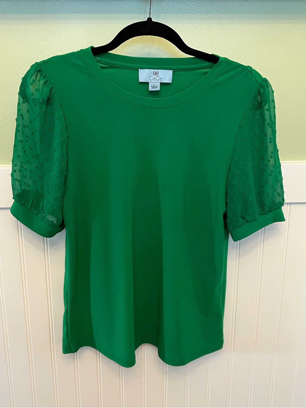 CeCe Emerald Green Swiss Dot Sheer Puff Sleeve Knit Top Size Small